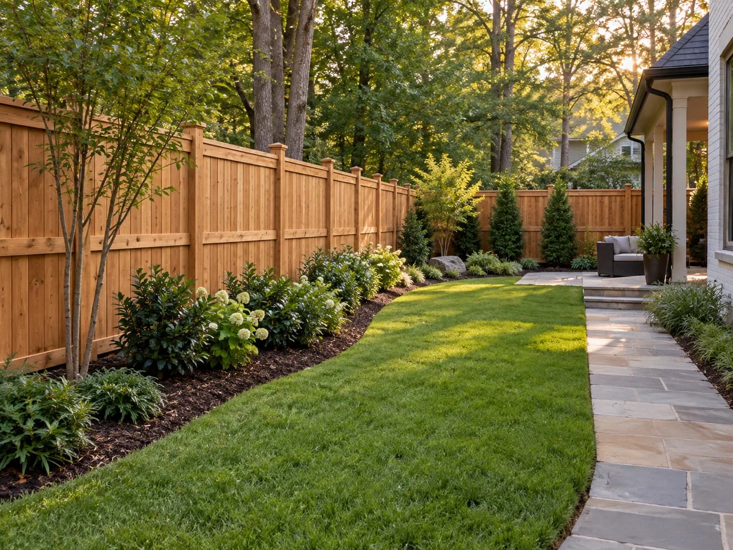 New wood privacy fence and finished residential landscaping