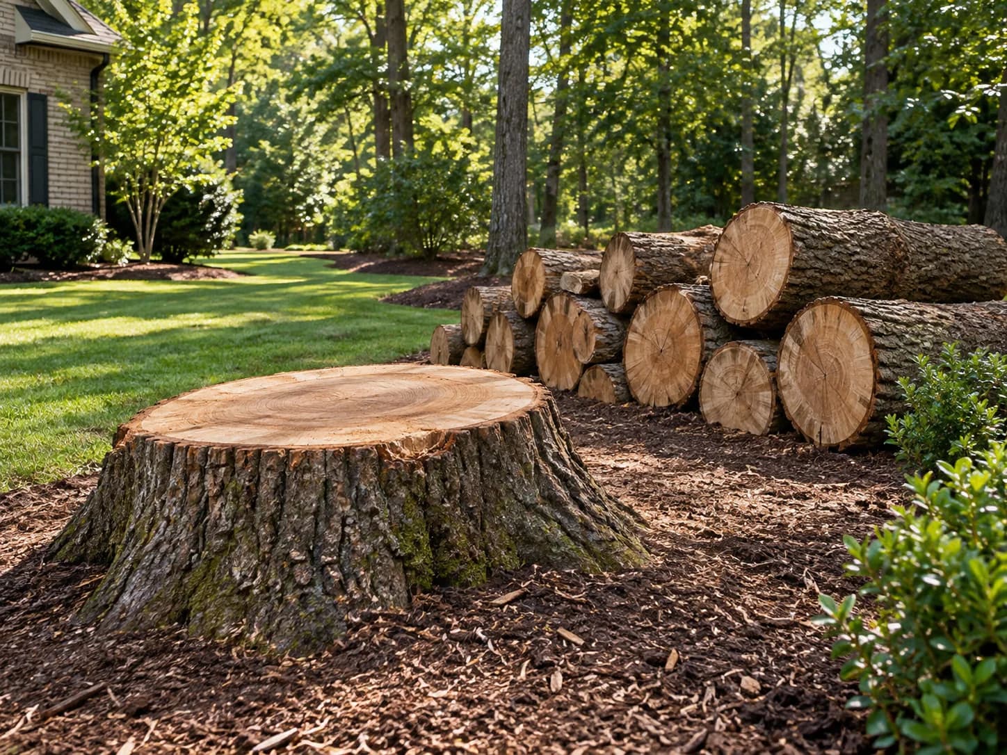 Clean tree stump and stacked logs after tree removal
